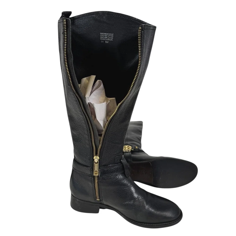 Tory Burch Women's Size 5M Black Leather Riding Boots Gold Logo Buckle Knee High